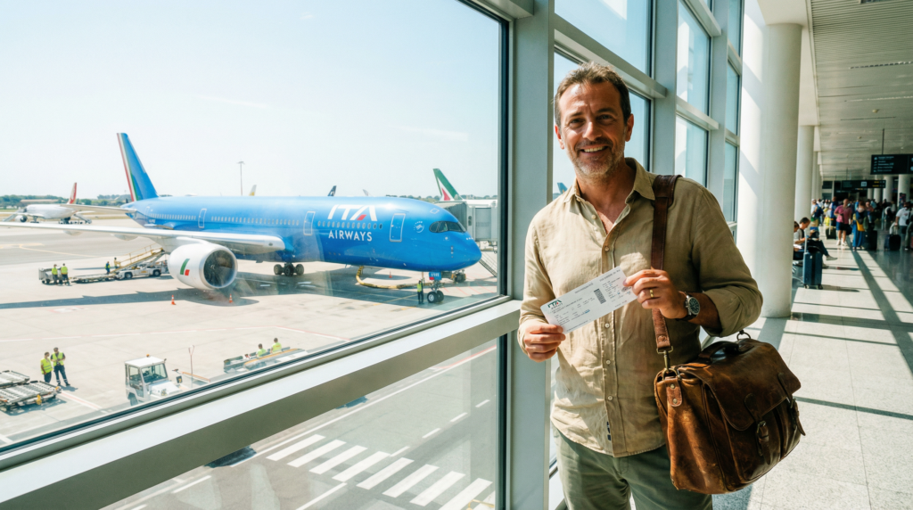 Codice Sconto ITA Airways 2026: Tutti i Modi per Risparmiare (e Combinarli con le Miglia) Viaggiatore con biglietto ITA Airways - codici sconto 2026