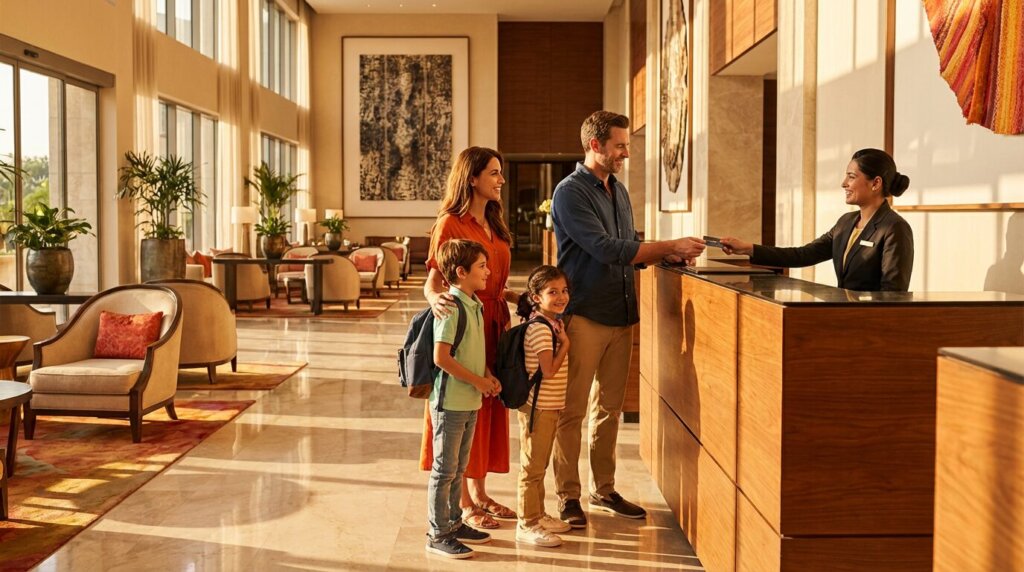 Famiglia che fa check-in in hotel di lusso - confronto programmi Hilton Honors Marriott Bonvoy IHG