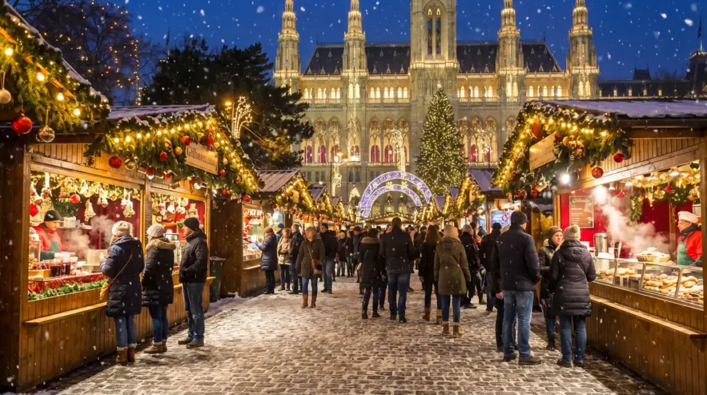 Mercatini di Natale 2026 a Vienna con luci dorate e neve