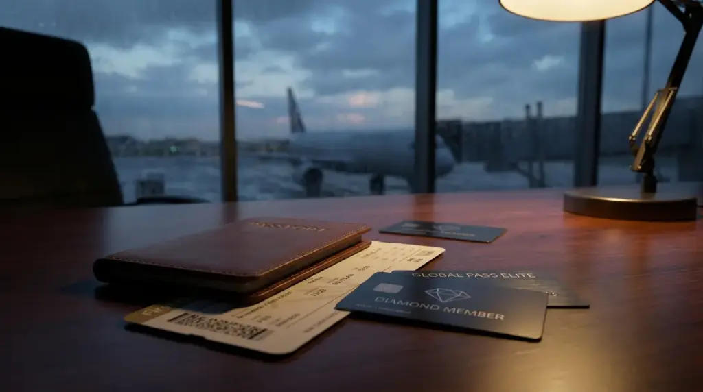 Status match 2026: carte programmi fedeltà elite su scrivania premium con aeroporto sullo sfondo