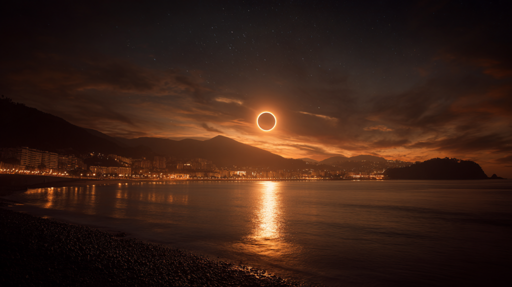 Eclissi solare totale 2026 in Spagna - corona solare visibile sul paesaggio basco