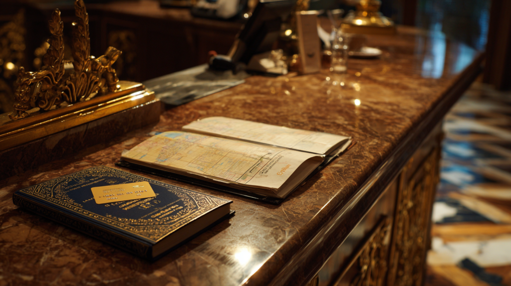 Lobby di hotel di lusso con pavimento in marmo e carta fedeltà Marriott Bonvoy sul bancone della reception