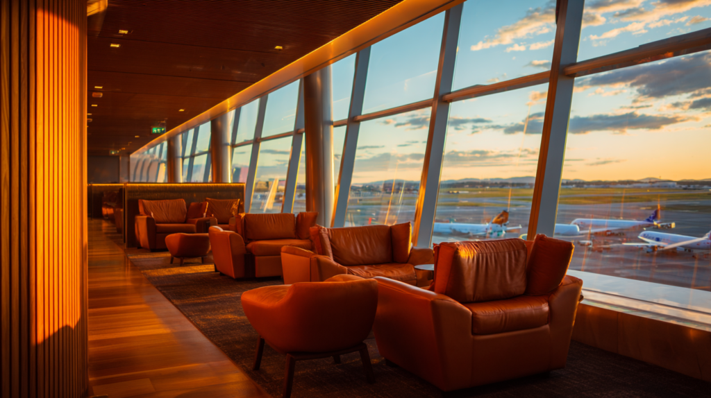 Lounge aeroportuale elegante con poltrone in pelle e vista pista