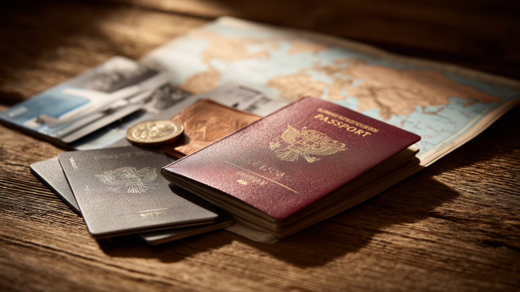 Carta Payback con passaporto e monete euro su scrivania