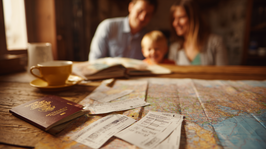 Famiglia che pianifica viaggio con documenti di viaggio e carte fedeltà
