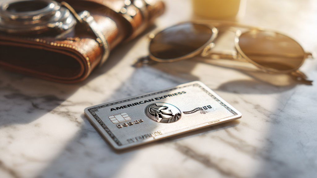 Carta American Express Blu su superficie bianca con accessori da viaggio