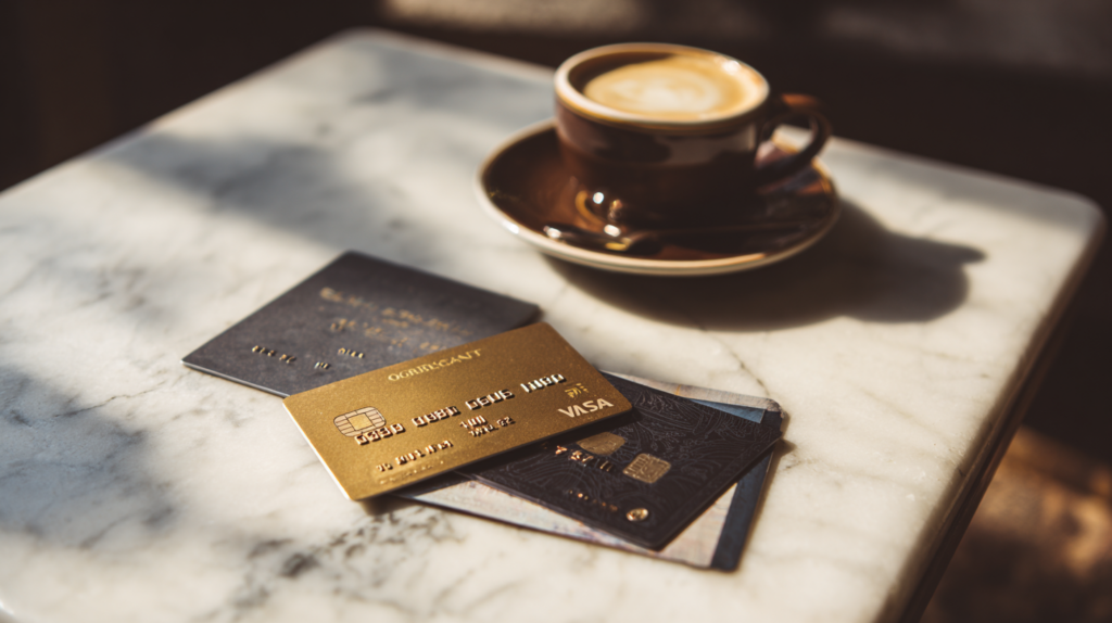 Due carte di credito su tavolo di marmo per travel hacking coppia